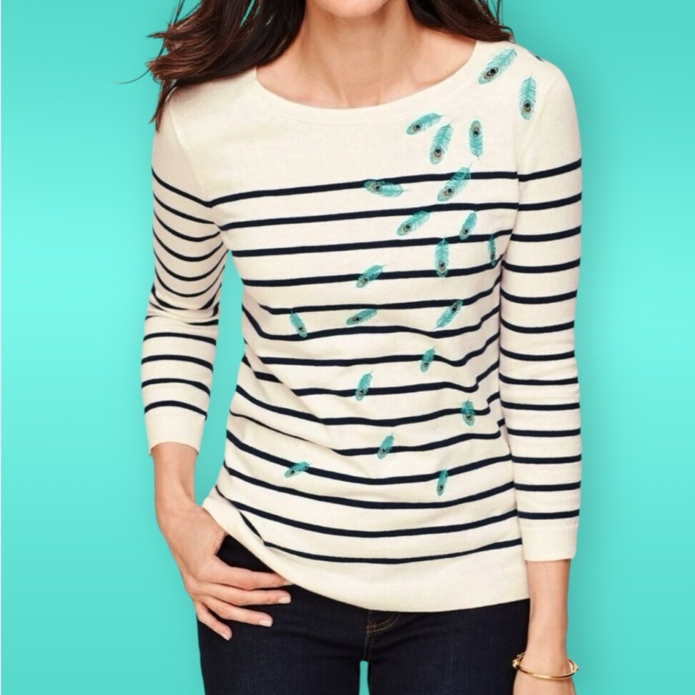 Talbots Embroidered Peacock Feather Pullover Sweater Women's M Cream/Navy Stripe